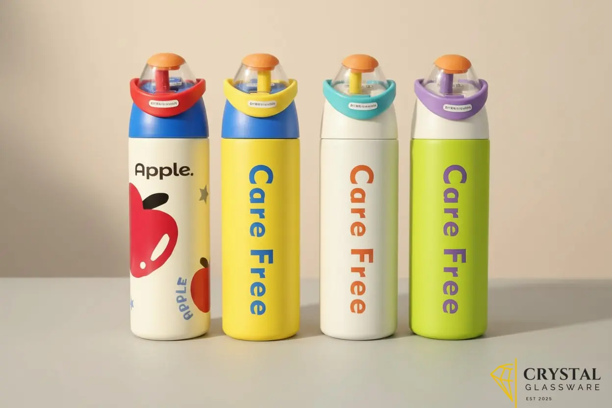 Colorful "Care Free" stainless steel vacuum-insulated water bottles featuring dual-drinking straw lids and playful designs